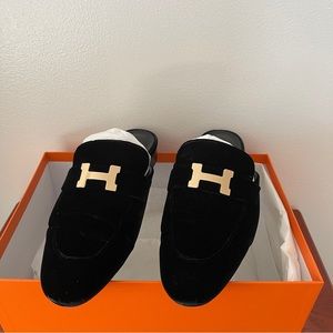 Hermes Trocadero Velvet Mules Black- Size 37.5